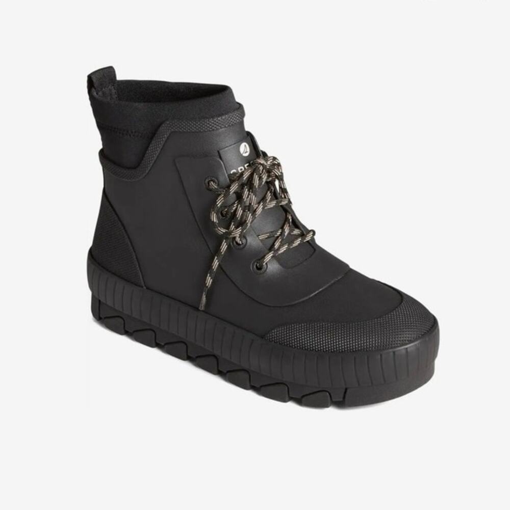 NWOB Sperry Torrent Chelsea Lace Up Sz 9.5 Waterproof Rain Boots Plushstep Black